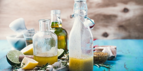 Vinaigrette and ingredients, salad dressing with oil, vinegar and mustard